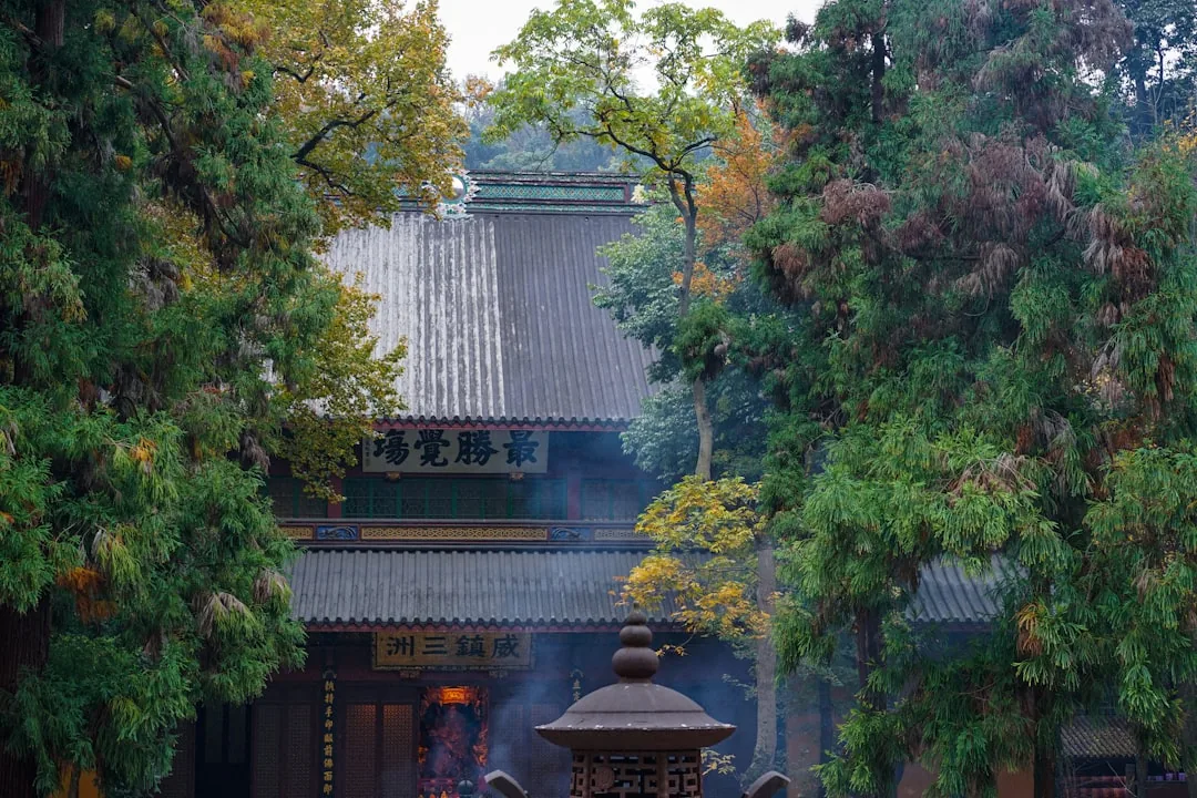 Lingyin Temple in Hangzhou surrounded by trees and traditional Buddhist architecture.