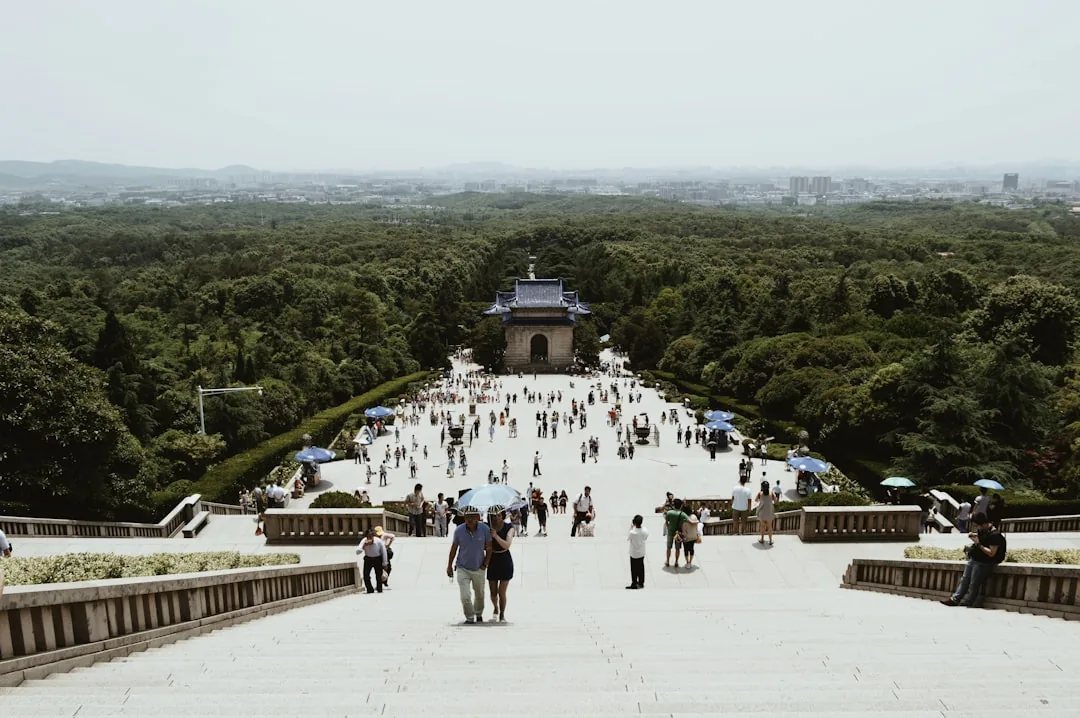 Visitors climbing the steps toward Sun Yat-sen Mausoleum in Nanjing.