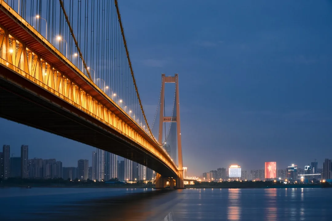 A Wuhan Yangtze River bridge lit up at night over the water.