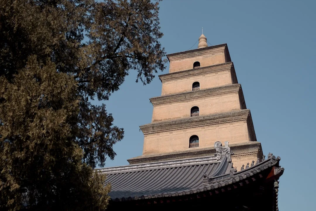 Big Wild Goose Pagoda in Xi'an rising above the surrounding temple grounds.