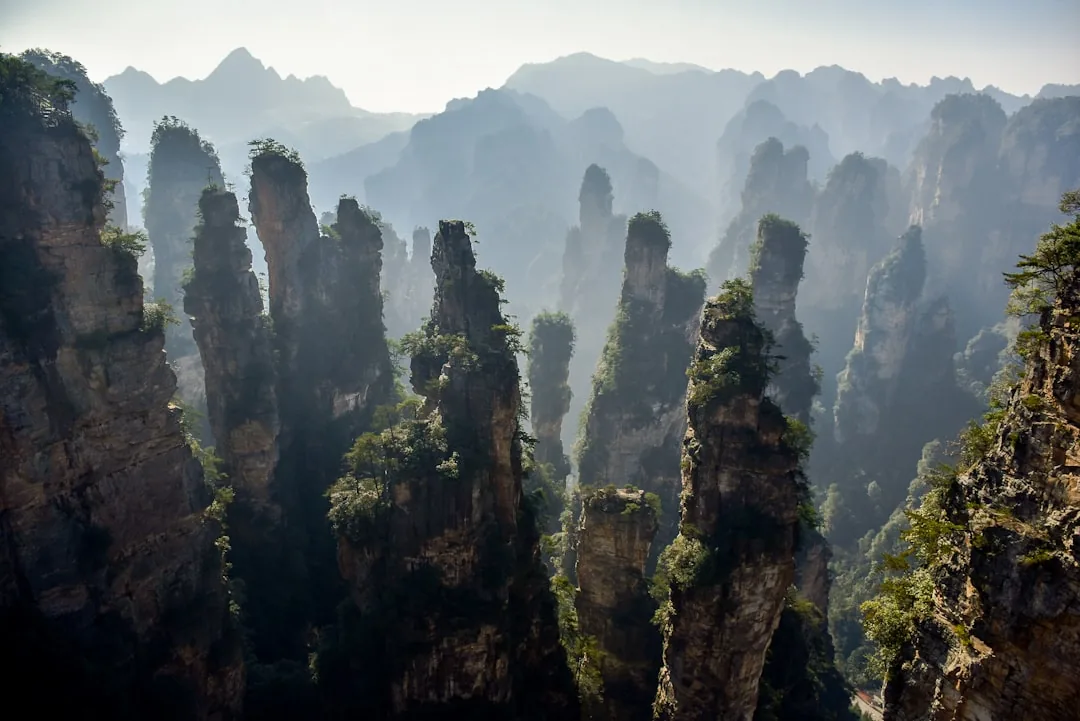 Sandstone pillars in Zhangjiajie National Forest Park rising through misty mountain light.